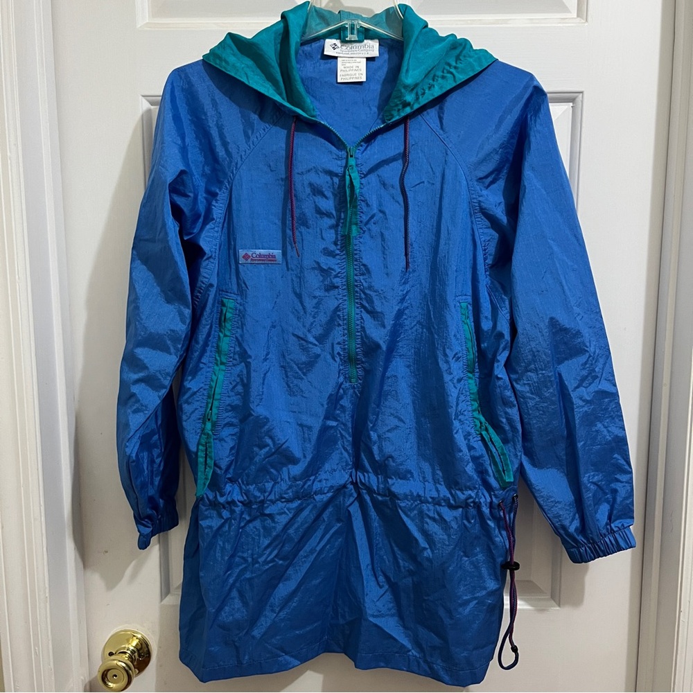 Women COLUMBIA WINDBREAKER size Small blue nylon half zip pull over hooded